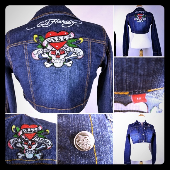 Ed Hardy Cropped Denim Jacket Sz M 